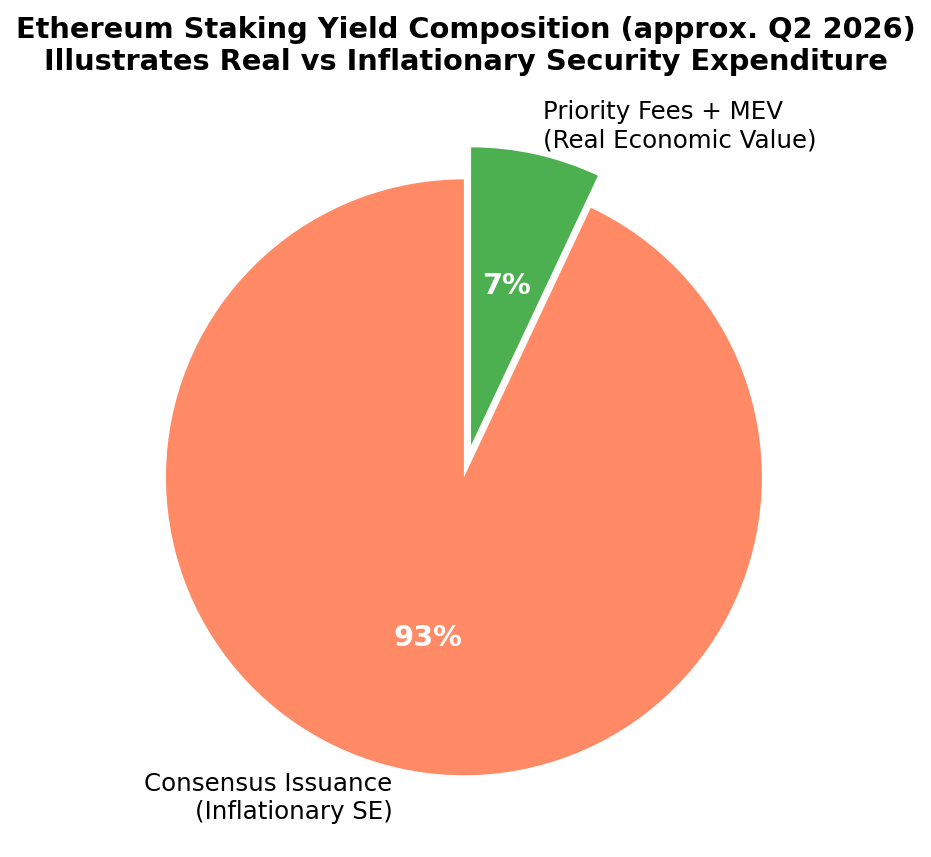 Illustrative pie chart of Ethereum staking yield composition, showing 7 percent priority fees and MEV versus 93 percent consensus issuance.