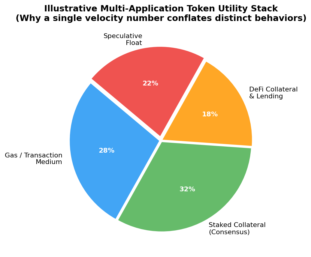 Illustrative pie chart showing a token split between gas and transaction medium, staked collateral, DeFi collateral and lending, and speculative float.