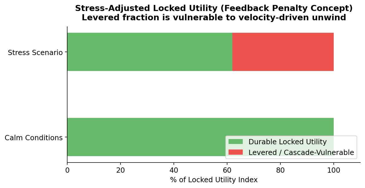 Illustrative horizontal bar chart showing locked utility under calm conditions and a reduced durable portion under a stress scenario due to leverage vulnerable to cascade unwinding.